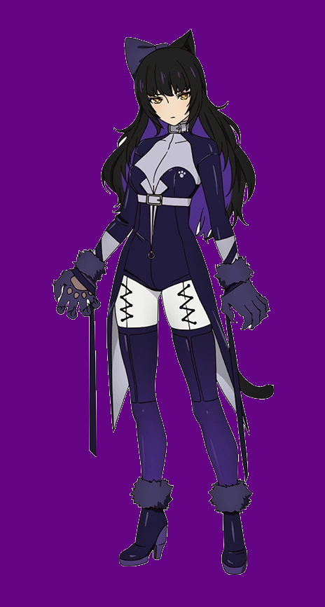 1girl ankle_boots black_hair blake_belladonna boots cat_ear cat_gloves full_body leggings long_hair purple_background rwby rwby_ice_queendom very_long_hair