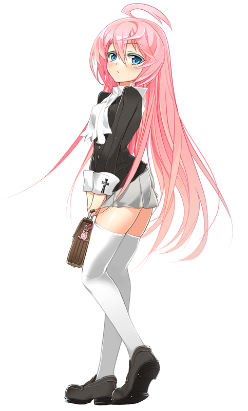 ahoge bad_id bad_pixiv_id bag blue_eyes char long_hair original pink_hair satchel school_bag simple_background solo thighhighs zettai_ryouiki