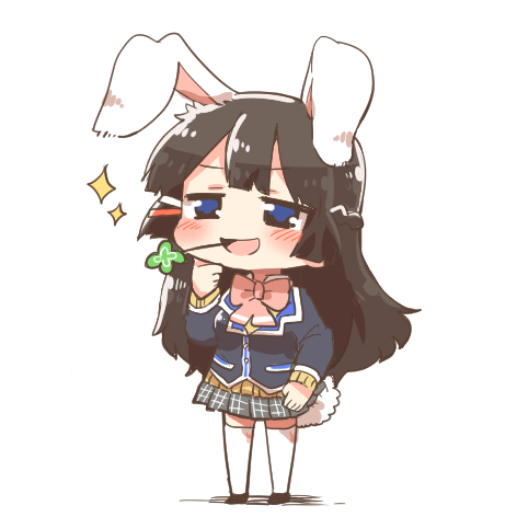1girl :d animal_ears black_hair black_jacket black_shoes blazer blue_eyes bow braid brown_sweater chibi clover four-leaf_clover grey_skirt hair_ornament hairclip jacket kemonomimi_mode long_hair lowres mouth_hold nijisanji open_mouth pink_bow pleated_skirt rabbit_ears rabbit_girl rabbit_tail rebecca_(keinelove) school_uniform shadow shoes simple_background skirt smile solo sparkle stalk_in_mouth standing sweater tail thighhighs tsukino_mito tsukino_mito_(1st_costume) very_long_hair virtual_youtuber white_background white_thighhighs
