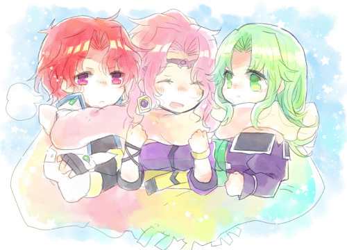 1boy 2girls axel_almer coat english_text green_hair lamia_loveless lemon_browning long_hair lowres multiple_girls nunuko_(mu661129) pink_hair red_hair scarf shared_clothes shared_scarf smile snow snowflakes super_robot_wars super_robot_wars_advance super_robot_wars_advance_portable super_robot_wars_original_generation