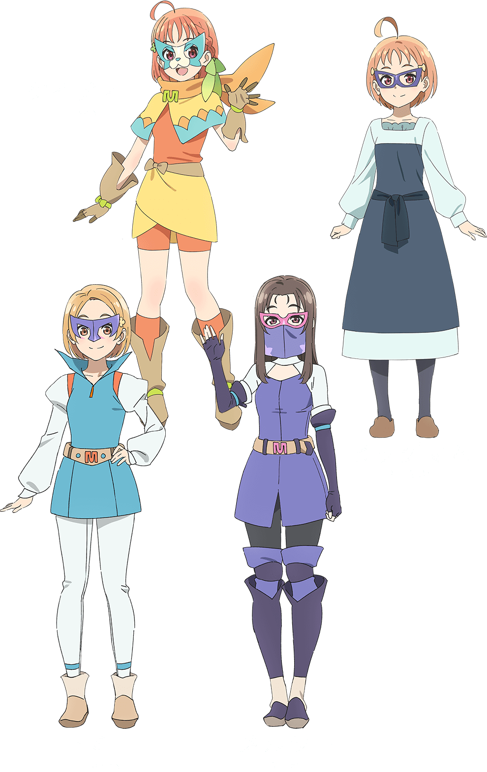 4girls :d ahoge black_gloves black_pantyhose blue_mask boots braid brown_boots brown_gloves brown_hair character_name chika&#039;s_mother_(genjitsu_no_yohane) chika_(genjitsu_no_yohane) elbow_gloves eye_mask family fingerless_gloves full_body genjitsu_no_yohane gloves high_collar highres long_hair long_sleeves love_live! love_live!_sunshine!! mito_(genjitsu_no_yohane) mother_and_daughter mouth_veil multiple_girls official_art open_mouth orange_hair orange_socks pantyhose pink_mask puffy_long_sleeves puffy_sleeves purple_mask red_eyes shima_(genjitsu_no_yohane) short_hair short_sleeves shrug_(clothing) siblings side_braid simple_background sisters smile socks takami_chika takami_chika&#039;s_mother takami_mito takami_shima transparent_background veil white_pantyhose white_shrug