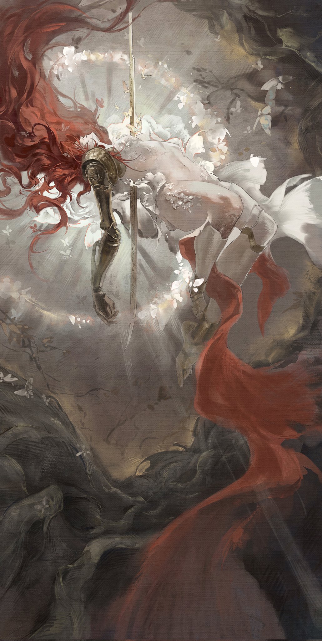 1girl bug burn_scar butterfly circle commentary covered_eyes elden_ring english_commentary floating_hair from_side full_body head_back highres impaled insect jiao_chang light_rays long_hair malenia_blade_of_miquella malenia_goddess_of_rot mechanical_arms mechanical_legs midriff navel painterly plant_roots prosthesis prosthetic_arm red_hair scar scar_on_chest scar_on_leg single_mechanical_arm solo sword weapon yellow_butterfly