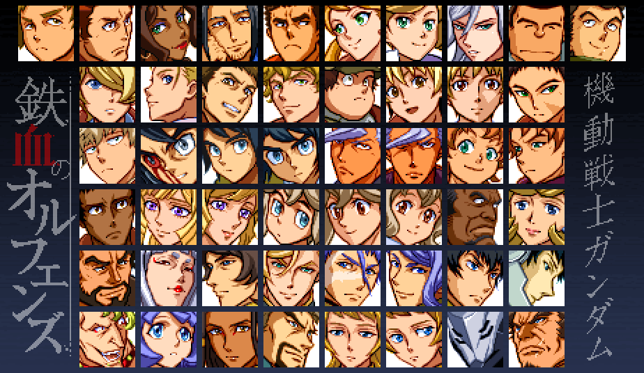 6+boys 6+girls akatsuki_(gundam_tekketsu_no_orphans) atra_mixta biscuit_griffon blonde_hair blue_eyes brown_eyes brown_hair carta_issue chad_chadan character_request copyright_name dark_skin everyone gaelio_bauduin gundam gundam_tekketsu_no_orphans helmet iok_kujan kudelia_aina_bernstein mcgillis_fareed mikazuki_augus mui_(muilog3) multiple_boys multiple_girls parody pixel_art portrait purple_eyes rustal_elion style_parody super_robot_wars tagme vidar white_hair