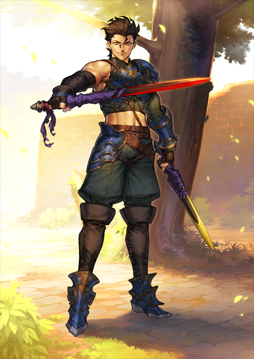 1boy arm_at_side armor armored_boots asymmetrical_sleeves azusa_(hws) beagalltach_(fate) belt belt_buckle black_boots black_gloves blue_armor boots bracer breastplate brown_belt brown_hair buckle closed_mouth cowlick crop_top diarmuid_ua_duibhne_(fate) diarmuid_ua_duibhne_(saber)_(fate) dual_wielding fate/grand_order fate_(series) full_body gloves green_shorts hair_between_eyes hair_slicked_back hand_up hip_armor holding holding_sword holding_weapon long_sleeves looking_at_viewer male_focus medium_hair midriff moralltach_(fate) muscular muscular_male navel official_art orange_eyes partially_fingerless_gloves pauldrons shorts shoulder_armor single_bare_shoulder single_pauldron sleeveless smile solo standing sword third-party_source tree variant_set weapon