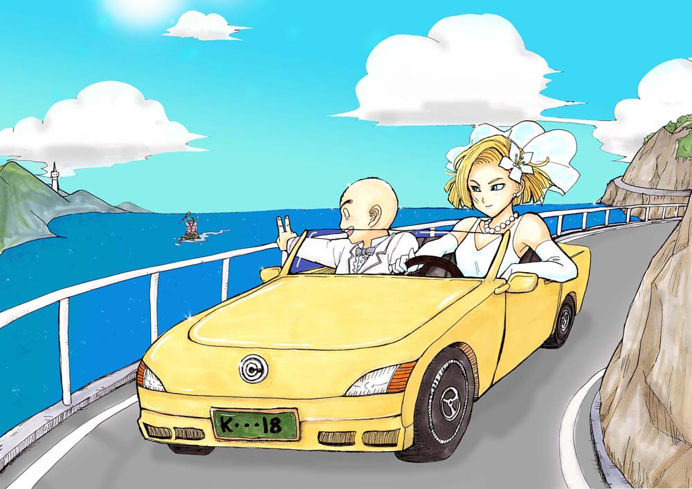 1boy 1girl android_18 bald bald_male black_eyes blonde_hair blue_eyes car car_ride cloud cloudy_sky couple dragon_ball dress formal_clothes happy husband_and_wife kuririn motor_vehicle newlyweds peace_symbol sky smile suit wedding_dress