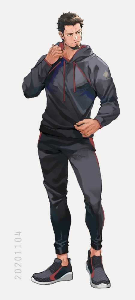 bara beard brown_hair cor_leonis facial_hair final_fantasy final_fantasy_xv jacket male_focus muscular muscular_male pants shoes white_background yuzukarin