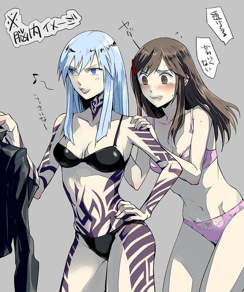 2girls artist_request blue_eyes blue_hair blush bra brown_eyes brown_hair devil_summoner:_soul_hackers devil_summoner_(series) embarrassed multiple_girls nemissa panties shin_megami_tensei source_request tattoo tono_hitomi translation_request underwear