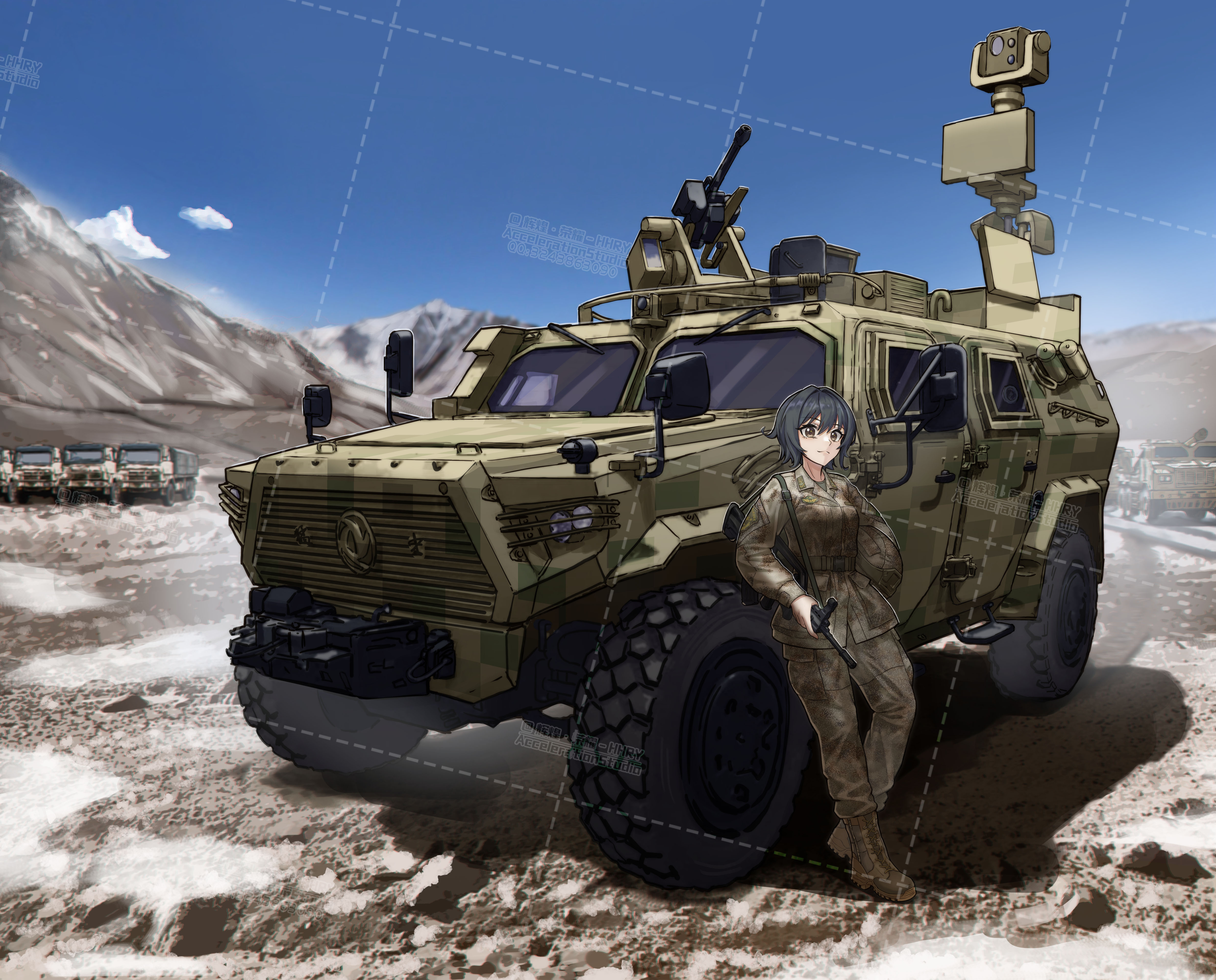 1girl absurdres armored_personnel_carrier armored_vehicle artist_name assault_rifle black_hair blue_sky boots breasts brown_eyes bullpup camouflage china chinese_commentary closed_mouth cloud combat_boots combat_helmet commentary day english_commentary gun gun_sling helmet highres holding holding_helmet huihuang_rongyao leaning leaning_back looking_at_viewer machine_gun medium_breasts military military_combat_uniform military_rank_insignia military_uniform military_vehicle motor_vehicle mountainous_horizon original people's_liberation_army qbz-95 rifle short_hair sky solo truck vehicle_focus vehicle_request watermark watermark_grid weapon weapon_request