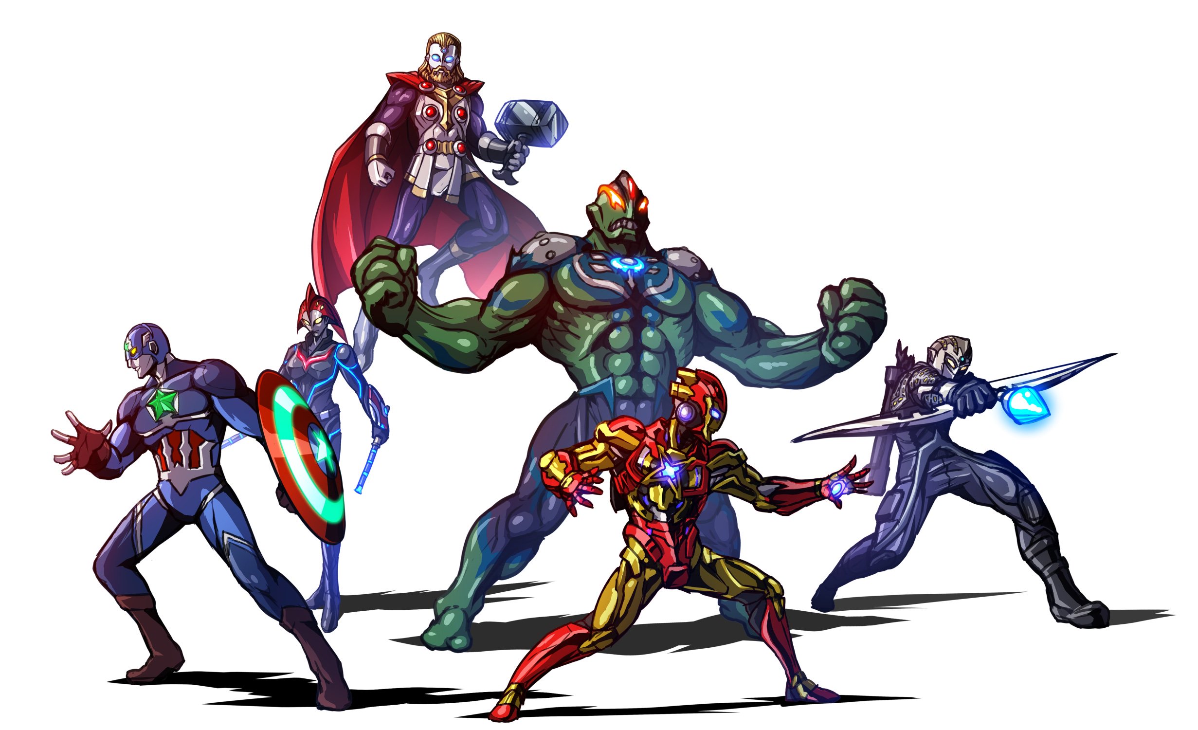 1girl 5boys armor arrow_(projectile) avengers_(series) beard black_widow blonde_hair blue_bodysuit blue_eyes bodysuit bow_(weapon) breasts cape captain_america color_timer colored_skin crossover ear_protection facial_hair fusion giant gloves glowing glowing_eyes green_skin hammer hawkeye_(marvel) highres holding horns hulk iron_man iron_man_(series) kuroda_asaki long_hair marvel mask mjolnir_(marvel) multiple_boys muscular red_armor red_cape shield star_(symbol) superhero_costume the_ultraman_(anime) thor_(marvel) ultra_series ultraman_joneus ultraman_king ultraman_leo_(series) ultraman_nexus ultraman_nexus_(series) ultraman_nexus_junis_black ultraman_orb ultraman_orb_(series) ultraman_orb_(thunder_breastar) ultraman_x ultraman_x_(series) ultraseven ultraseven_(series) weapon white_background yellow_eyes