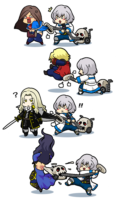! !! 2girls 3boys x_mouth ? ^^^ alucard_(castlevania) aria_(manga) backless_outfit black_hair blush blush_stickers castlevania:_aria_of_sorrow castlevania:_dawn_of_sorrow castlevania:_harmony_of_despair castlevania:_order_of_ecclesia castlevania:_portrait_of_ruin castlevania_(series) charlotte_aulin chibi crossover dhampir diamond_mouth gameplay_mechanics half-human jinny jonathan_morris long_hair multiple_boys multiple_girls panties parody shanoa_(castlevania) simple_background skull soma_cruz tattoo thighhighs undead underwear vacuum_cleaner vampire white_background