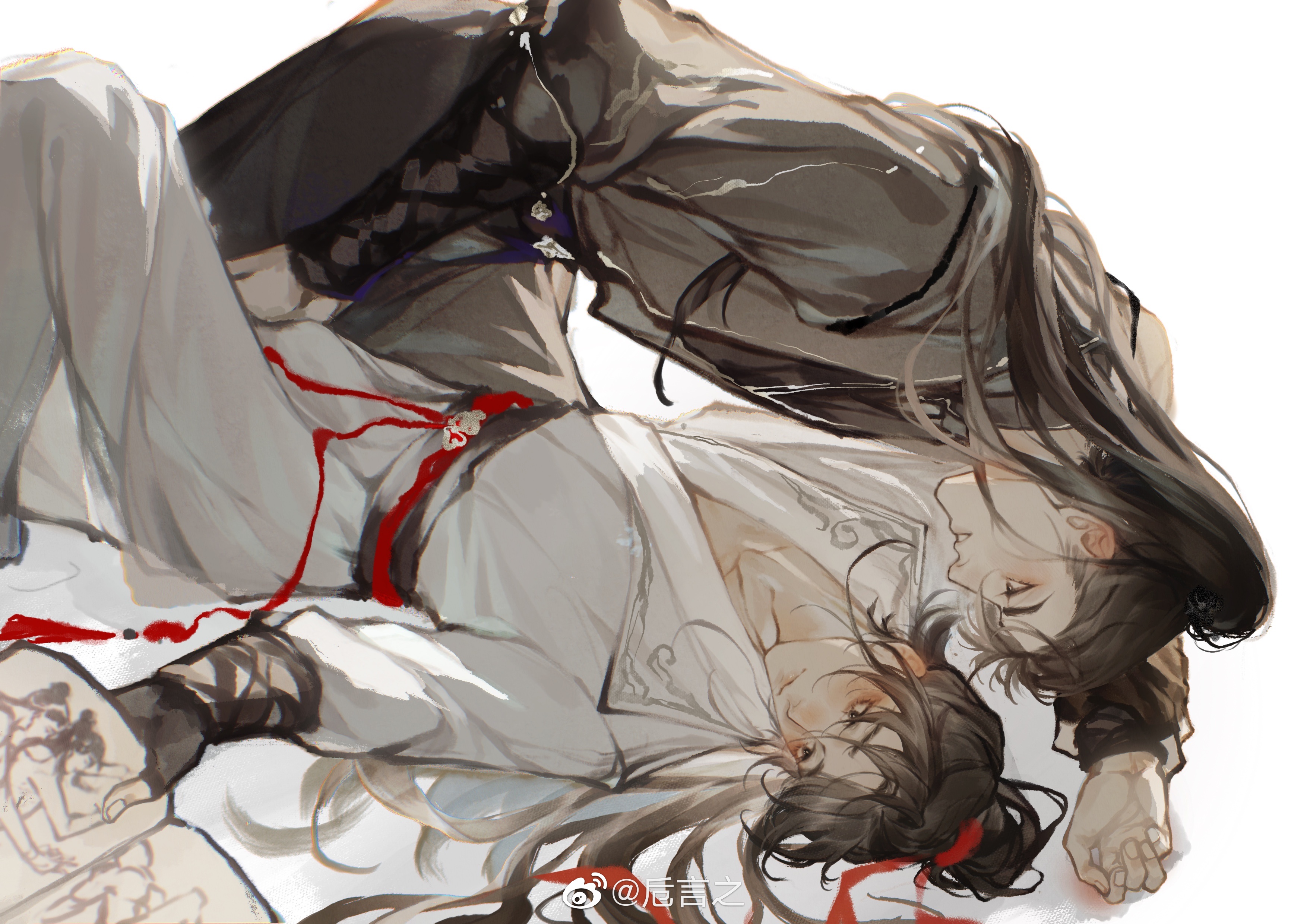 2boys absurdres black_eyes black_gloves black_hair black_hanfu black_sash blush book bulge chinese_clothes chinese_commentary closed_mouth crotch_grab fingerless_gloves gloves gu_mang hair_ribbon hanfu high_ponytail highres holding holding_book long_hair long_sleeves looking_at_another lying male_focus mo_xi_(yuwu) multiple_boys on_back open_mouth ponytail pornography red_ribbon ribbon sash simple_background tassel watermark weibo_watermark white_background white_hanfu yaoi yaopei yuwu zhi_yan_zhi