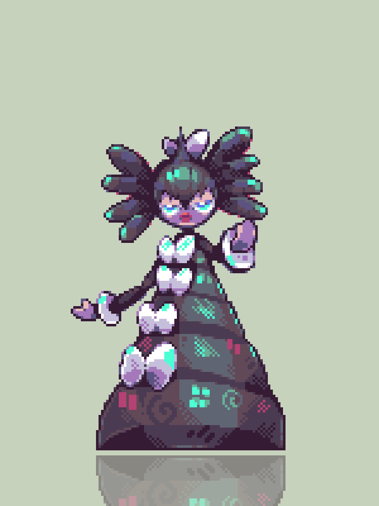 arm_up black_dress black_hair blue_eyes bow bowtie colored_skin commentary dress english_commentary gen_5_pokemon gothitelle green_background nintendo pixel_art pokemon pokemon_(creature) purple_skin red_lips reflection robin_(pixelated_robin) simple_background white_bow white_bowtie
