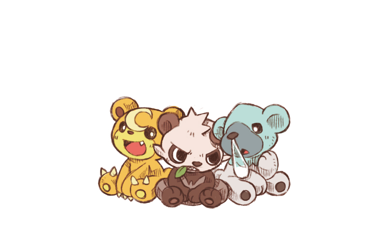 bear bow-wow claws commentary_request crescent cub cubchoo duplicate fang gen_2_pokemon gen_5_pokemon gen_6_pokemon leaf mouth_hold nintendo no_humans open_mouth pancham panda pixel-perfect_duplicate pokemon pokemon_(creature) polar_bear sharp_teeth simple_background sitting smile teddiursa teeth white_background