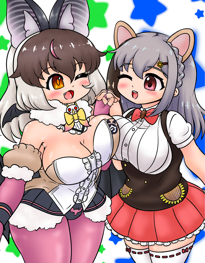 animal_ears bird_ears bird_girl bird_wings bow bowtie brown_eyes brown_hair brown_long-eared_bat_(kemono_friends) dress edamamezooooo elbow_gloves extra_ears gloves grey_hair indie_virtual_youtuber kemono_friends kemono_friends_v_project kirara_mimi kneehighs leotard long_hair microphone one_eye_closed panties red_eyes skirt socks underwear virtual_youtuber wings