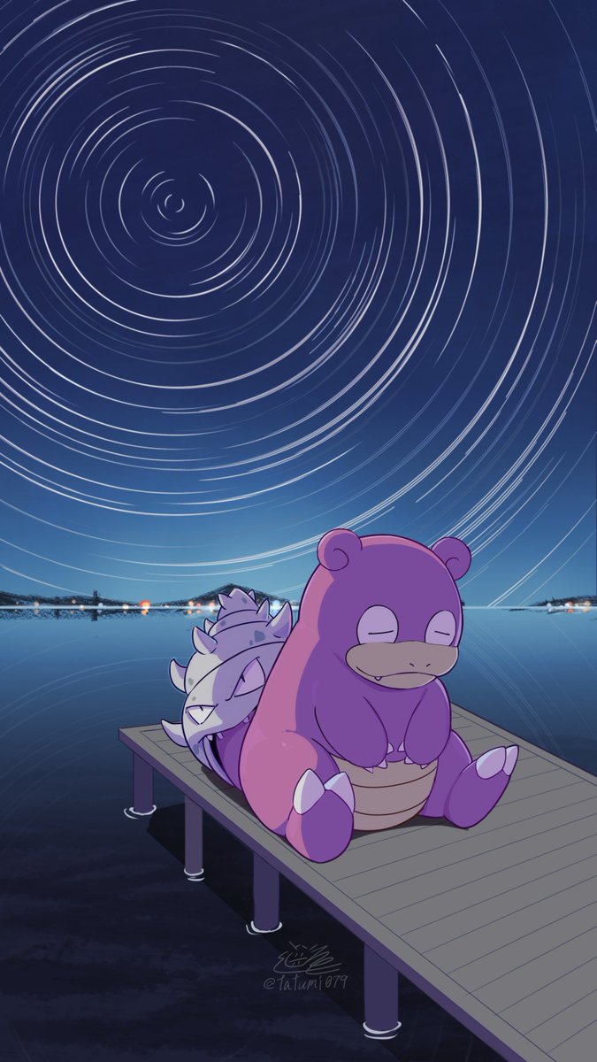 city_lights colored_skin dock full_body gen_1_pokemon highres horizon mountain night nintendo no_humans outdoors pink_skin pokemon pokemon_(creature) pokemon_focus sitting sky sleeping sleeping_upright slowbro star_(sky) star_trail swirl tatsumi_(panneko) twitter_username water watermark
