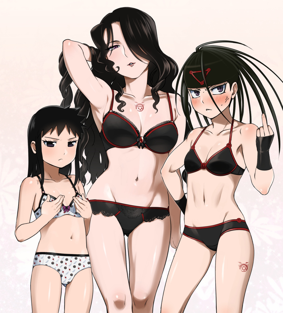 3girls agemono bikini envy_(fma) fullmetal_alchemist genderswap genderswap_(mtf) lust_(fma) multiple_girls pride_(fma) selim_bradley swimsuit