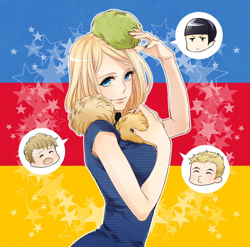 blonde_hair blue_eyes carol_marcus james_tiberius_kirk nail_polish pavel_chekov spock star_trek starfleet_uniform tagme tribble