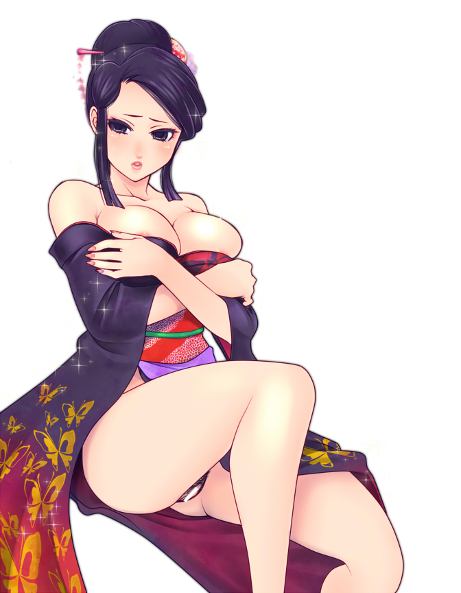 1girl areola_slip bare_shoulders breast_hold breasts bursting_breasts censored cleavage detached_sleeves dress earrings empty_eyes eyeshadow female_focus hair_ornament hair_up japanese_clothes jewelry kimono large_breasts legs lips lipstick long_hair makeup mature_female mole nail_polish no_panties nouhime nouhime_(sengoku_basara) purple_eyes purple_hair sengoku_basara solo strapless strapless_dress thighs tokisige white_background