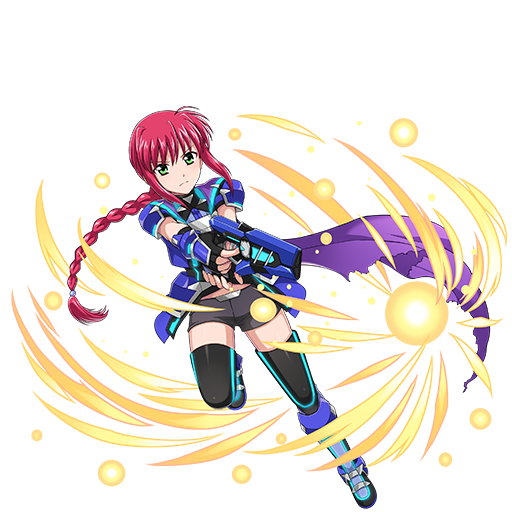 1girl aiming amitie_florian black_shorts boots braid elemental_story energy_ball full_body gun holding holding_gun holding_weapon lyrical_nanoha magical_girl mahou_shoujo_lyrical_nanoha_detonation official_art red_hair shorts single_braid solo thighhighs transparent_background variant_zapper weapon