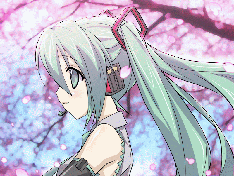 1girl animated animated_gif bare_shoulders blinking cherry_blossoms eeeeee female_focus green_eyes green_hair hatsune_miku headset matching_hair/eyes music open_mouth petals profile singing solo twintails vocaloid