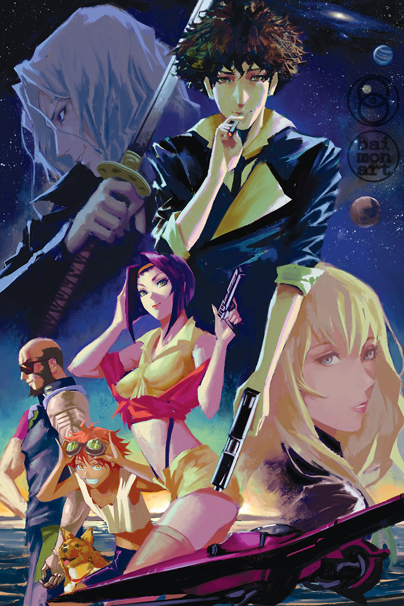3girls androgynous baimon beard blonde_hair blue_eyes breasts child cigarette collar cowboy_bebop dog edward_wong_hau_pepelu_tivrusky_iv ein_(cowboy_bebop) facial_hair faye_valentine goggles goggles_on_head green_eyes gun hairband highres holding holding_gun holding_weapon jet_black julia_(cowboy_bebop) lipstick makeup medium_breasts multiple_girls necktie orange_hair orange_hairband planet prosthesis prosthetic_arm purple_hair red_collar space spike_spiegel sunglasses sword swordfish_ii vicious_(cowboy_bebop) water weapon welsh_corgi