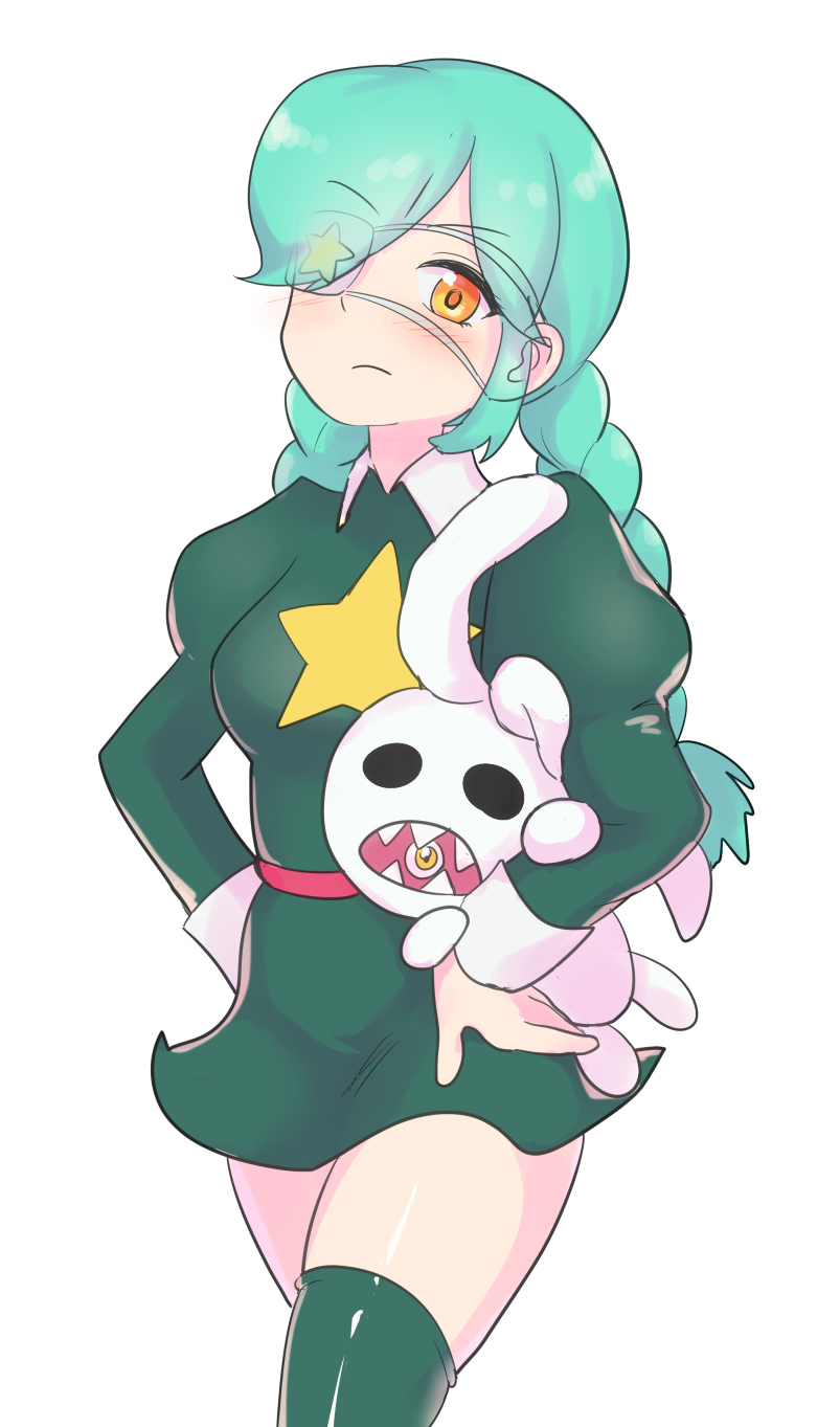 1girl annie_(skullgirls) belt blush braid chamame cowboy_shot eyepatch green_hair hands_on_own_hips high_collar highres juliet_sleeves long_sleeves looking_at_viewer puffy_sleeves sagan_(skullgirls) skullgirls star_(symbol) stuffed_animal stuffed_rabbit stuffed_toy thighhighs twin_braids white_background
