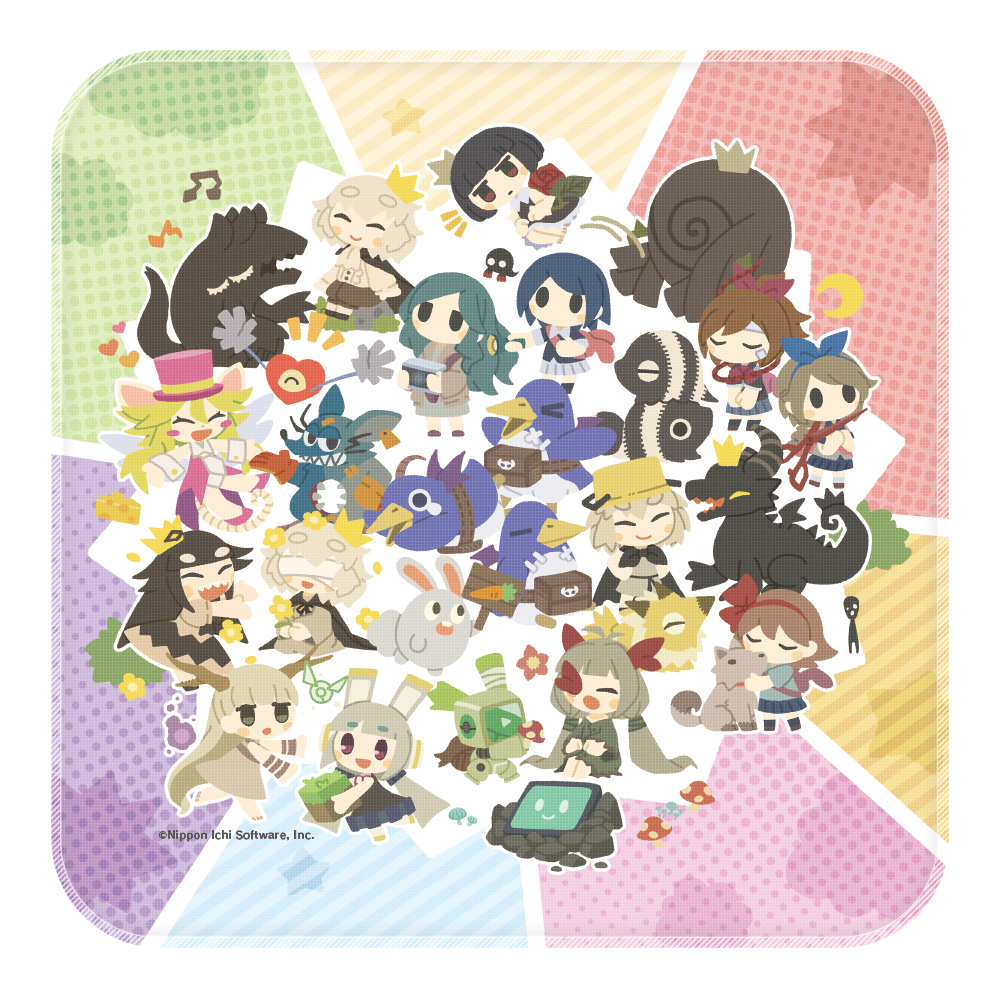 2boys 6+girls artist_request bandages bandages_over_eyes blind_prince camera character_request chibi closed_eyes creature crescent crown dog dragon full_body ghost haru_(yomawari) heart_(mad_rat_dead) holding holding_camera horns hotaru_(htol#niq) htol#niq:_hotaru_no_nikki liar_princess liar_princess_(wolf_form) mad_rat mad_rat_dead mion_(htol#niq) monster multiple_boys multiple_girls mushroom musical_note nippon_ichi official_art omoide_no_naka_no_shoujo open_mouth prinny protagonist_(yomawari) rabbit rat_god robot rose_(rose_to_tasogare_no_kojou) rose_to_tasogare_no_kojou scissors sharp_teeth shin_yomawari smile teeth titan_(rose_to_tasogare_no_kojou) toriko_(void_terrarium) usotsuki_hime_to_moumoku_ouji void_terrarium warui_ousama_to_rippana_yuusha yomawari yomawari_(series) yomawari_san yui_(yomawari) yuzu_(yomawari)