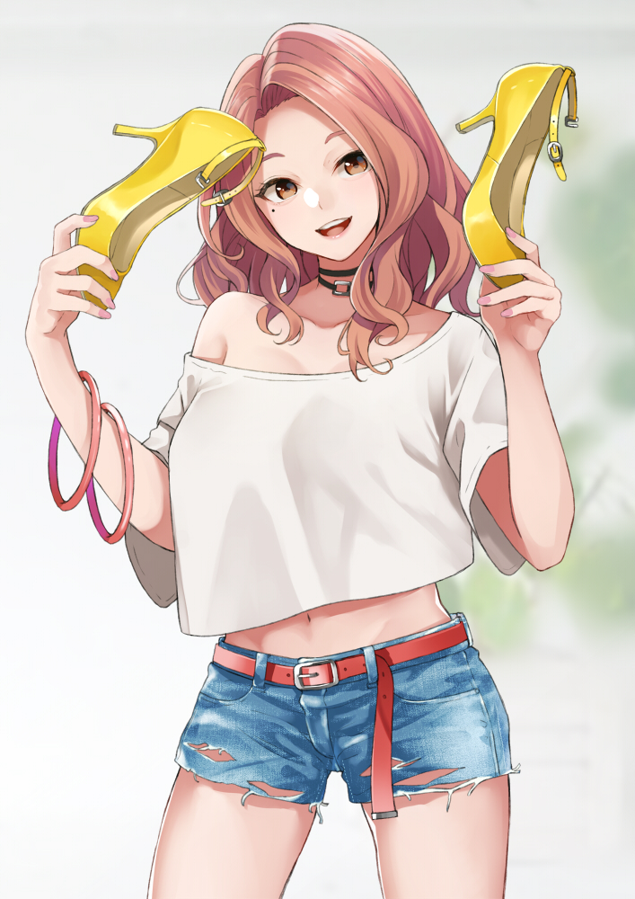 1girl :d bangle belt blue_shorts bracelet brown_eyes brown_hair choker collarbone commentary_request cowboy_shot cutoffs denim denim_shorts female_focus groin head_tilt high_heels holding holding_shoes jewelry long_hair looking_at_viewer midriff mole mole_under_eye nail_polish navel off-shoulder_shirt off_shoulder open_mouth original retsuna shirt shoes short_shorts short_sleeves shorts smile solo standing stomach thighs torn_clothes torn_shorts unworn_shoes white_shirt yellow_shoes