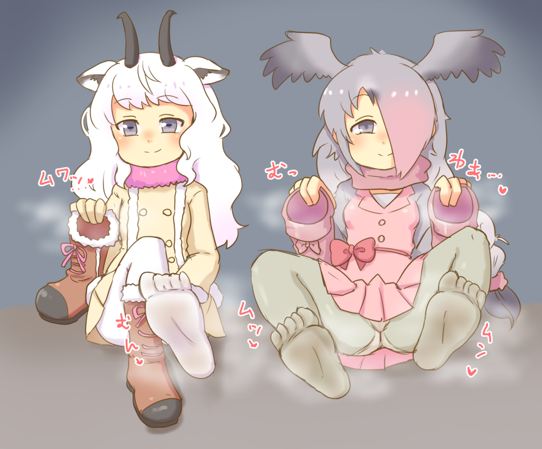 10s 2girls animal_ears bitashinmi blue_eyes boots feet grey_eyes grey_hair hair_over_one_eye holding holding_shoes holding_unworn_clothes horns kemono_friends long_hair looking_at_viewer multicolored_hair multiple_girls panties pantyshot pink-backed_pelican_(kemono_friends) shoes sitting smell smile snow_sheep_(kemono_friends) soles steam two-tone_hair underwear unworn_shoes wavy_hair white_hair