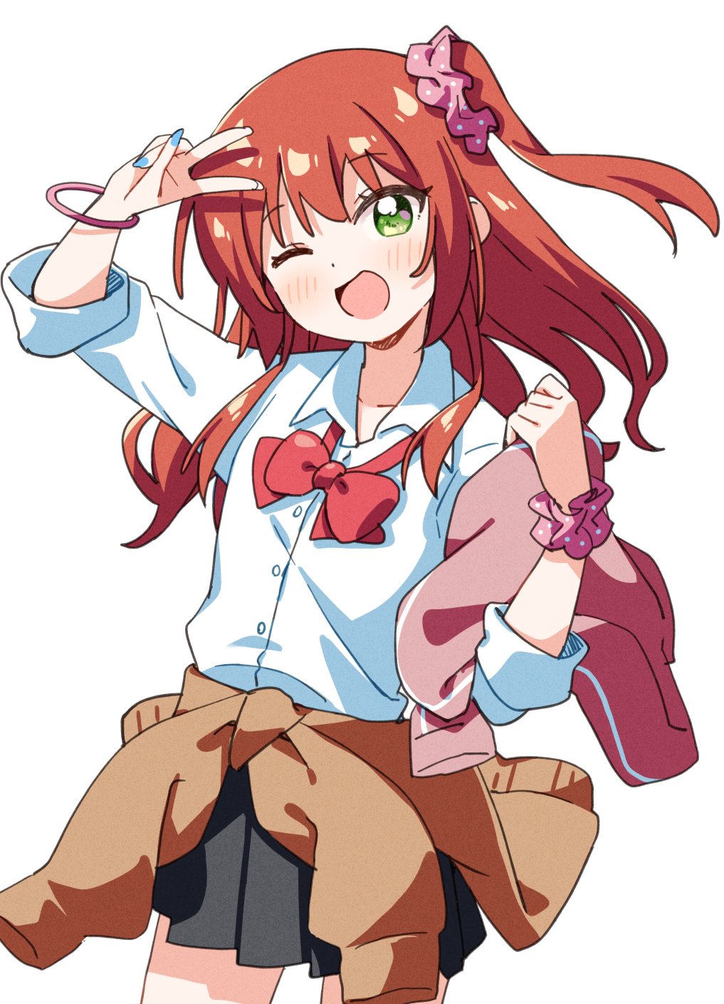 1girl ;d bangle black_skirt blush bocchi_the_rock! bow bowtie bracelet brown_jacket clothes_around_waist commentary cowboy_shot dot_nose green_eyes gyaru haru_(konomi_150) head_tilt highres jacket jacket_around_waist jewelry kita_ikuyo kogal long_hair long_sleeves looking_at_viewer loose_bowtie one_eye_closed one_side_up open_mouth pink_jacket pink_scrunchie pleated_skirt polka_dot polka_dot_scrunchie red_bow red_bowtie red_hair scrunchie shirt simple_background skirt sleeves_rolled_up smile solo unworn_jacket v white_background white_shirt wing_collar wrist_scrunchie