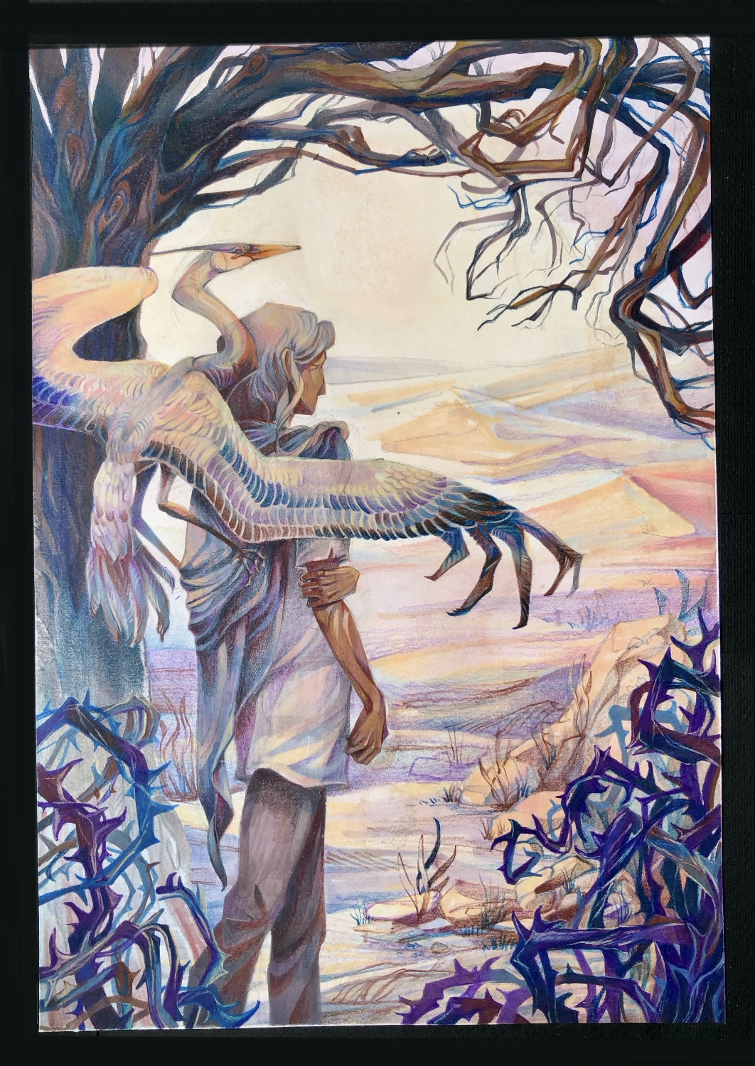 1other ambiguous_gender animal bare_tree bird black_border border closed_mouth colored_pencil_(medium) commentary crayon_(medium) day english_commentary from_behind from_side heron heroninflight highres landscape looking_ahead obscured_eyes original outdoors painting_(medium) plant rock sand_dune sky solo spread_wings symbolism thorns traditional_media tree walking watercolor_(medium) white_hair white_sky