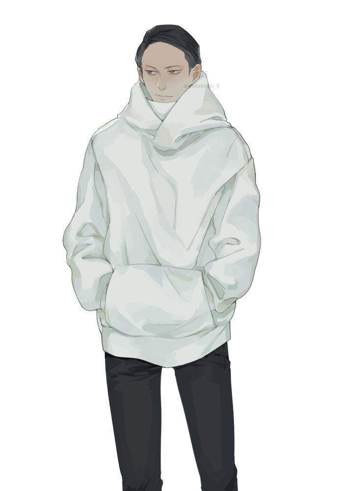 1boy black_hair black_pants closed_mouth commentary_request feet_out_of_frame hands_in_pockets hood hood_down hoodie long_sleeves male_focus nono_(n0n0n0n0n_0) pants short_hair simple_background solo standing toshi_densetsu_kaitai_center white_background white_hoodie yamada_gasmask