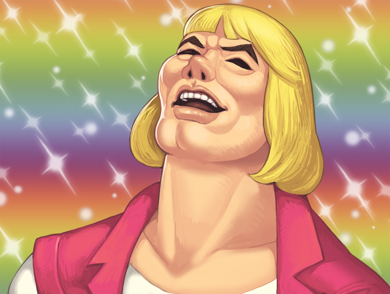 1boy bad_id bad_pixiv_id bishie_sparkle blonde_hair blunt_bangs closed_eyes collarbone eyebrows fabulous_secret_powers_(meme) he-man heaven_condition lips male_focus maou_alba masters_of_the_universe meme nose open_mouth portrait prince_adam rainbow_background shirt solo teeth vest white_shirt