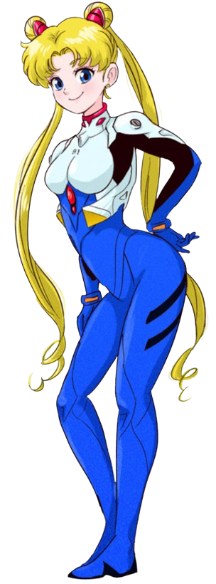 1girl bishoujo_senshi_sailor_moon blonde_hair blue_eyes bodysuit breasts cosplay double_bun full_body hair_bun ikari_shinji long_hair looking_at_viewer mecha_pilot_suit medium_breasts neon_genesis_evangelion plugsuit_(evangelion) sailor_moon smile solo tsukino_usagi tsunemoku twintails white_background