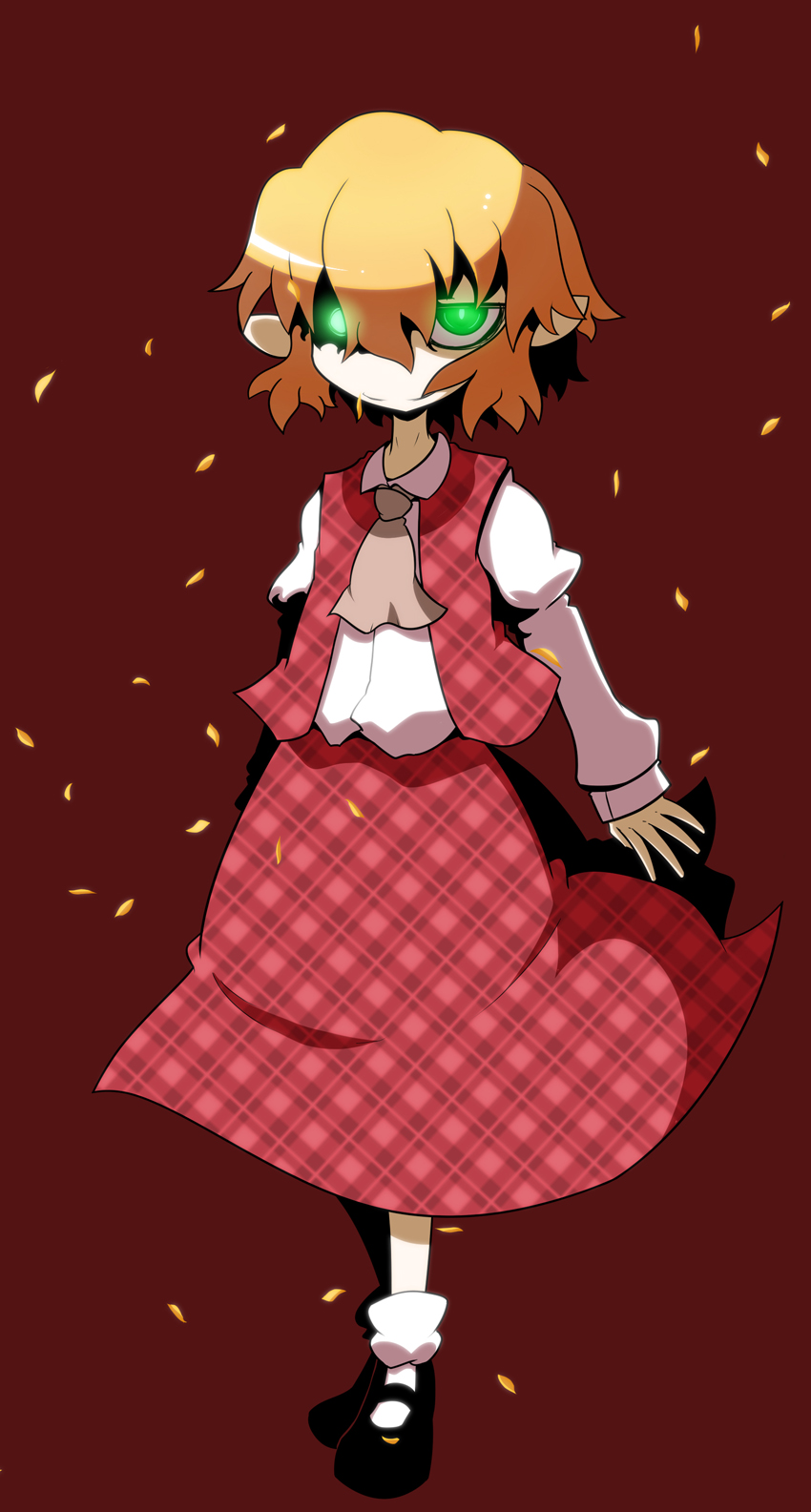 1girl 221_(tsutsuichi) ascot black_shoes blonde_hair brown_ascot closed_mouth collared_shirt commentary_request cosplay full_body glowing glowing_eyes green_eyes highres kazami_yuuka kazami_yuuka_(cosplay) long_skirt long_sleeves looking_at_viewer mary_janes mizuhashi_parsee plaid_clothes plaid_skirt plaid_vest pointy_ears red_background red_skirt red_vest shirt shoes short_hair skirt skirt_set smile socks solo touhou unmoving_pattern vest white_shirt white_socks