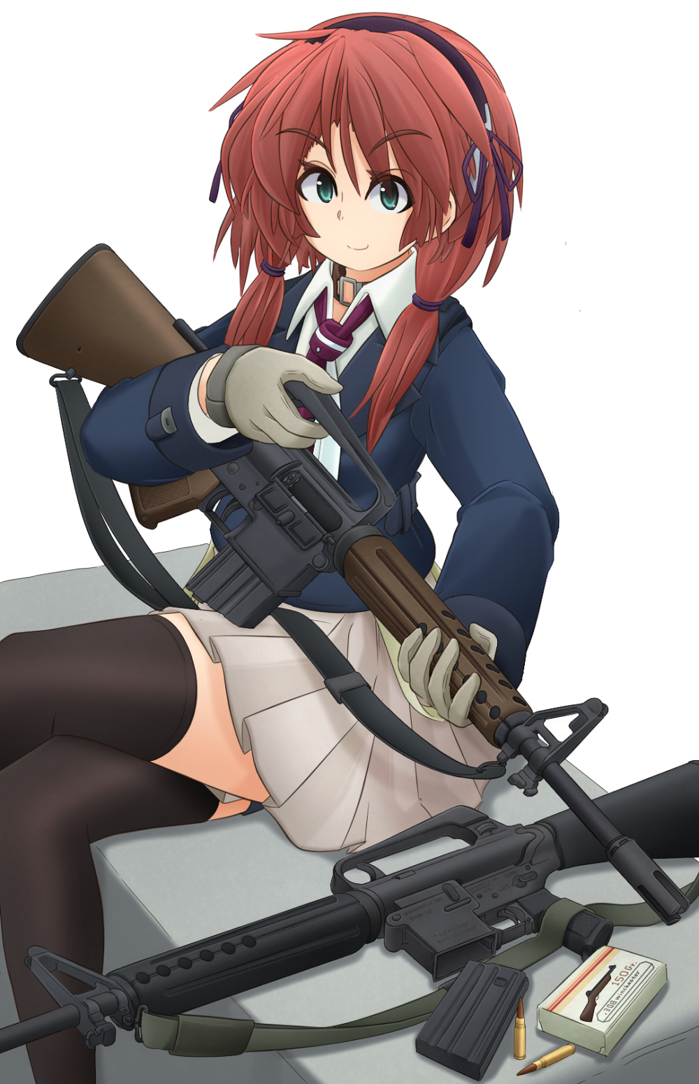 1girl ar-10 assault_rifle battle_rifle black_choker black_hairband black_thighhighs blue_jacket brown_hair choker closed_mouth commentary_request crossed_legs dress_shirt female_focus gloves green_eyes grey_gloves gun hair_over_shoulder hair_tie hairband highres holding holding_gun holding_weapon jacket looking_at_viewer machine_gun magazine_(weapon) medium_hair mikeran_(mikelan) military necktie original purple_necktie rifle shell_casing shirt sitting smile solo thighhighs twintails v-shaped_eyebrows weapon white_background white_shirt