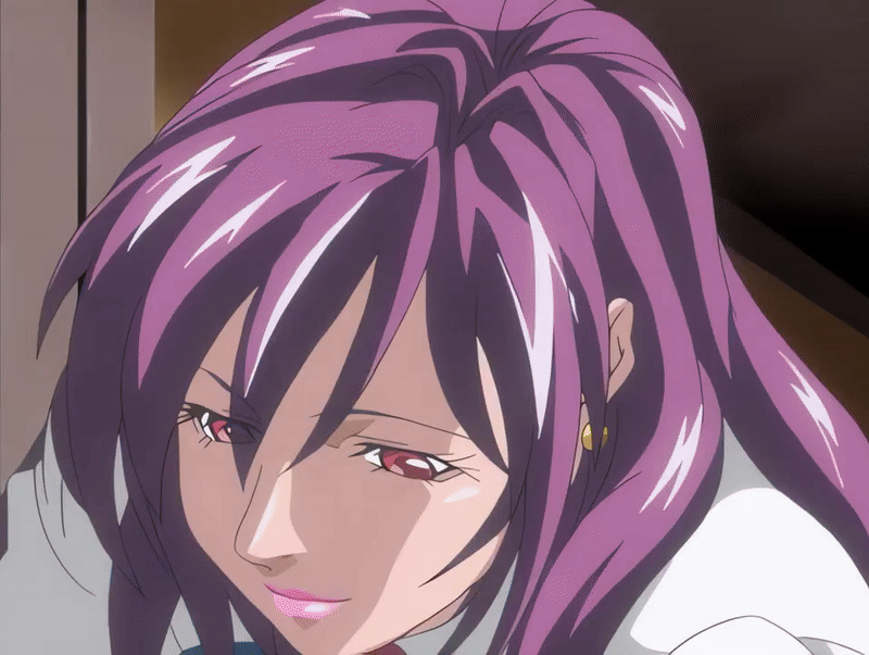 00s 1boy 1girl 2006 animated animated_gif bible_black bible_black_new_testament bow bowtie breasts brown_hair cleavage cleavage_cutout clothing_cutout earrings female_focus gloves ichikawa_aki jewelry kiss large_breasts leaning lipstick long_hair makeup pouty purple_hair red_eyes shin_bible_black sidelocks sleeping tagme yamanishi_naoto