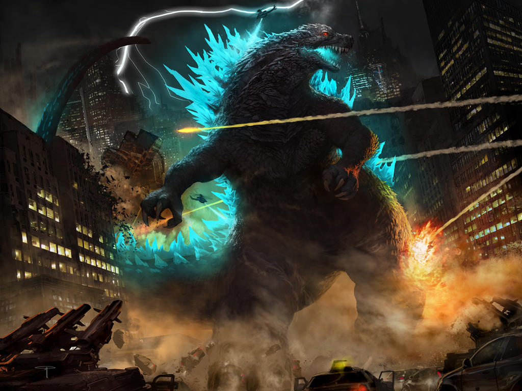 angel_palacios building car city claws debris destruction dinosaur dust electricity energy epic explosion fire giant giant_monster glowing glowing_eyes glowing_spikes godzilla godzilla_(series) kaiju lightning lightning_rod military missile missile_launcher monster motor_vehicle night no_humans open_mouth plasma rain red_eyes rubble sea_monster sharp_teeth skyscraper smoke spikes steam storm tail taxi teeth toho weapon white_electricity