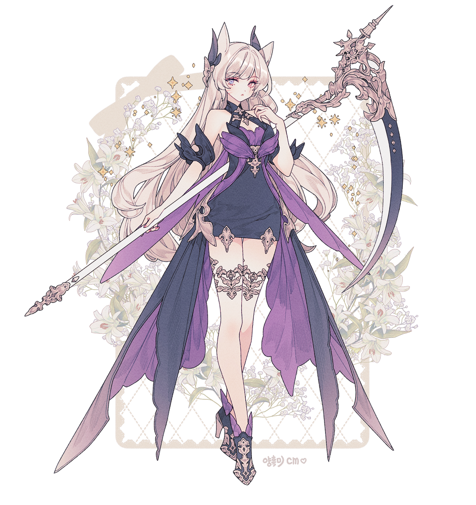 1girl animal_ears arm_cuffs bare_shoulders black_dress blonde_hair blue_eyes blunt_bangs boots breasts cat_ears cleavage commentary commission detached_collar dress floral_background flower full_body hair_ornament heterochromia high_heel_boots high_heels holding holding_scythe holding_weapon lemon89h lily_(flower) long_hair looking_at_viewer original purple_dress red_eyes rococo_movement scar scar_on_face scythe short_dress solo standing sword thigh_strap very_long_hair waist_cape wavy_hair weapon white_flower white_lily