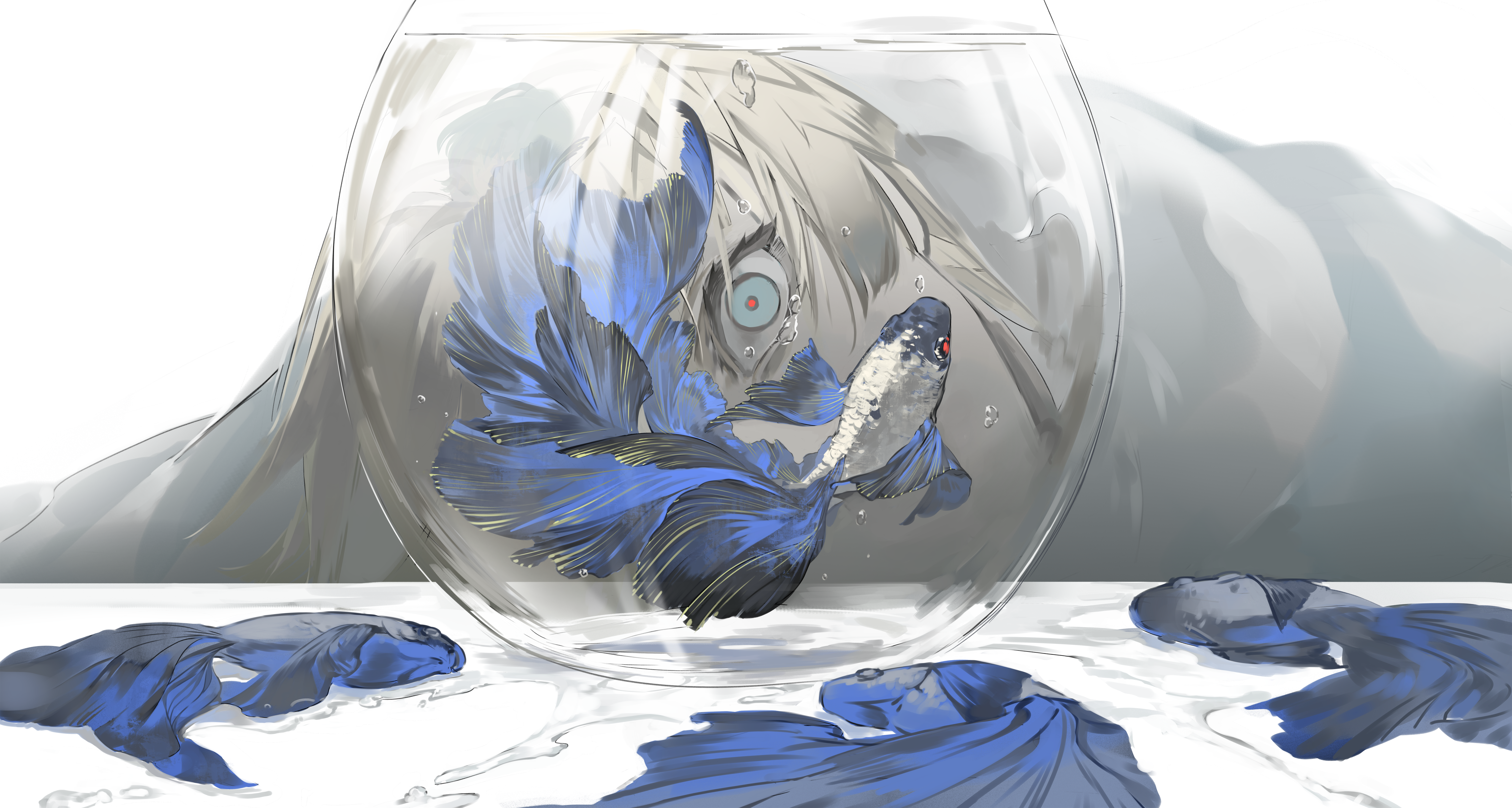 1boy absurdres blonde_hair character_request dead_animal dimitri_alexandre_blaiddyd eyelashes fire_emblem fire_emblem:_three_houses fish fishbowl gongzuotianxiadiyi highres looking_at_viewer male_focus nintendo red_pupils short_hair solo water