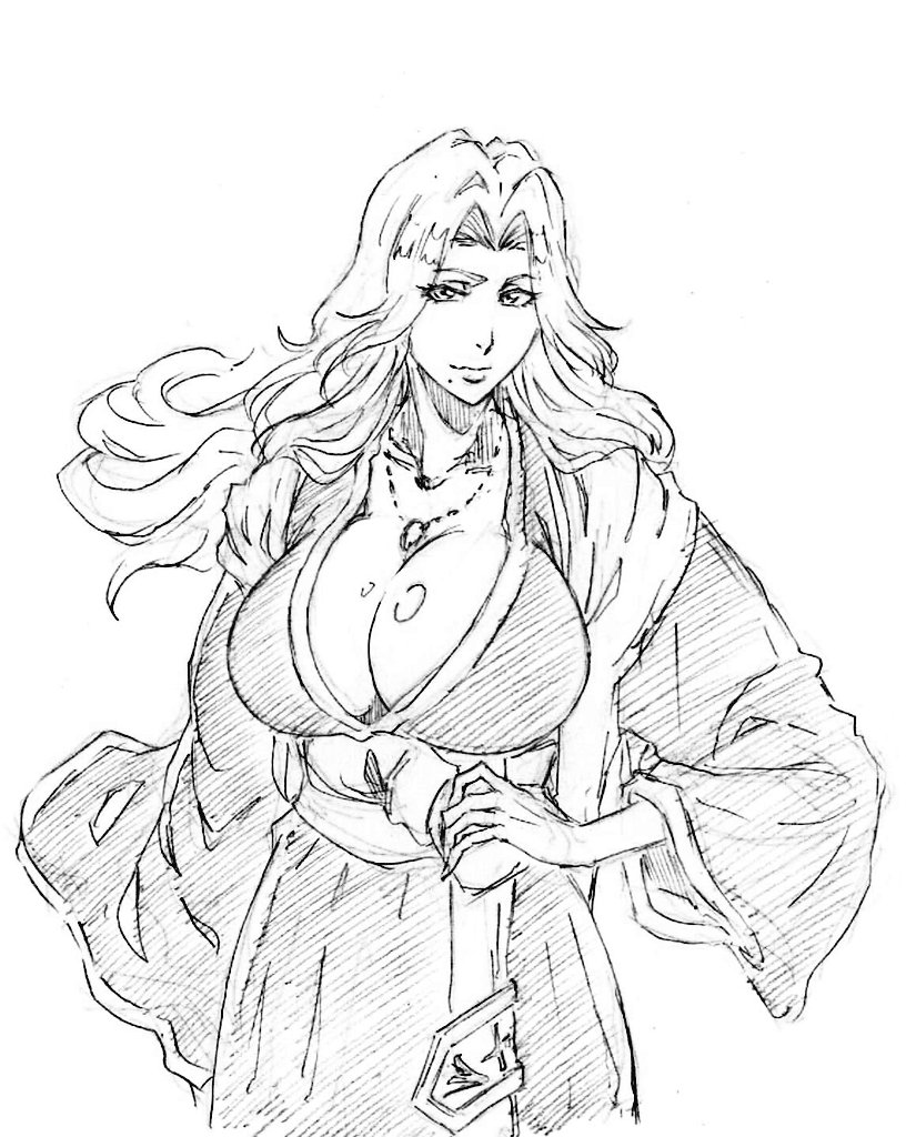 1girl bleach breasts chain chain_necklace cleavage collarbone jewelry kubo_tite_(style) large_breasts long_hair looking_at_viewer matsumoto_rangiku mole mole_under_mouth necklace rakusakugk shihakusho solo