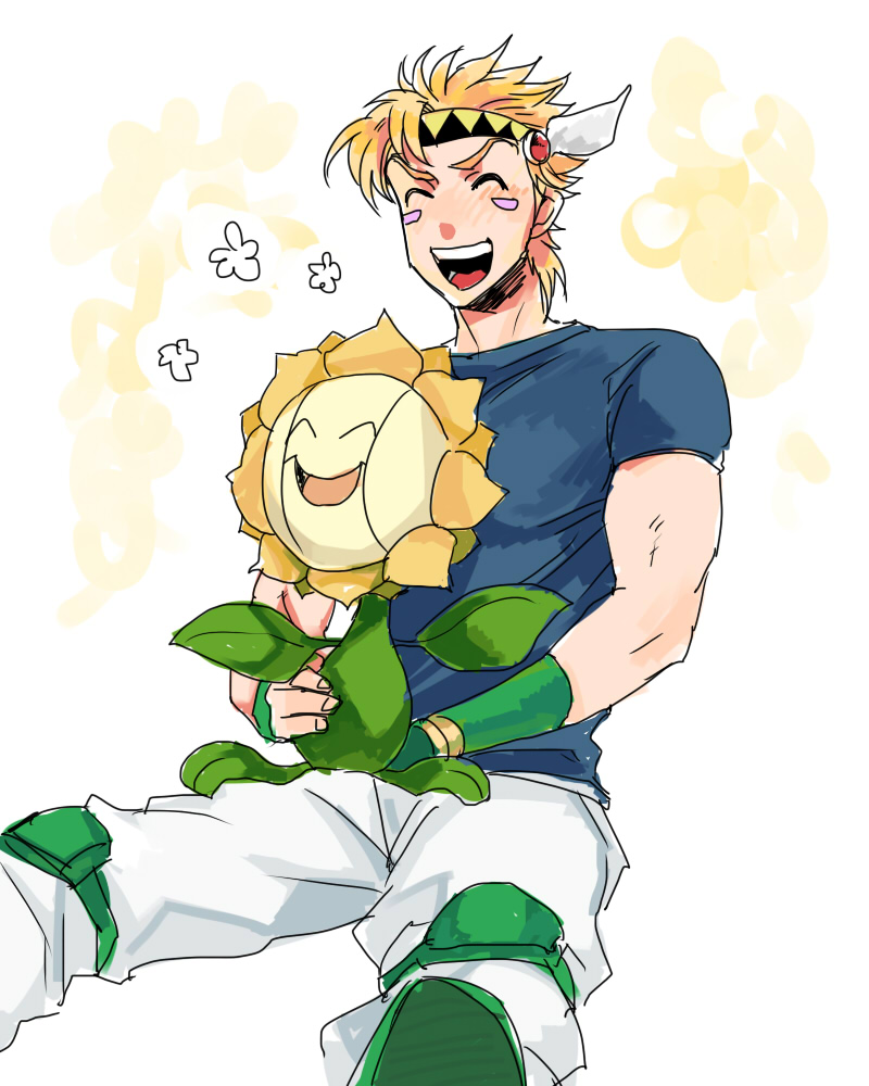 1boy blonde_hair blush_stickers caesar_anthonio_zeppeli closed_eyes crossover facial_mark fingerless_gloves gen_2_pokemon gloves headband holding jojo_no_kimyou_na_bouken knee_pads nintendo open_mouth pokemon pokemon_(creature) sunabu sunflora