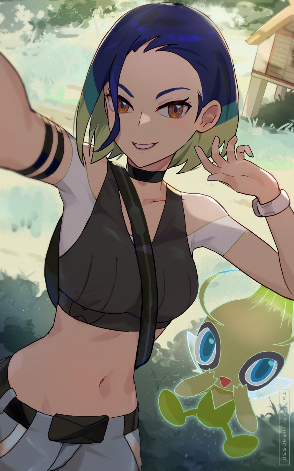 1girl backlighting bare_shoulders between_breasts black_choker black_shirt black_sports_bra blue_eyes blue_hair bob_cut breasts brown_eyes celebi choker collarbone crop_top denim fairy_wings flying gen_2_pokemon grey_shirt grey_sports_bra highres hsin jeans legendary_pokemon loose_hair_strand medium_breasts midriff mythical_pokemon navel nintendo pants perrin_(pokemon) pokemon pokemon_(creature) pokemon_sv ribbed_shirt selfie shirt sleeveless sleeveless_shirt sports_bra strap_between_breasts undershirt v-neck watch wings wristwatch