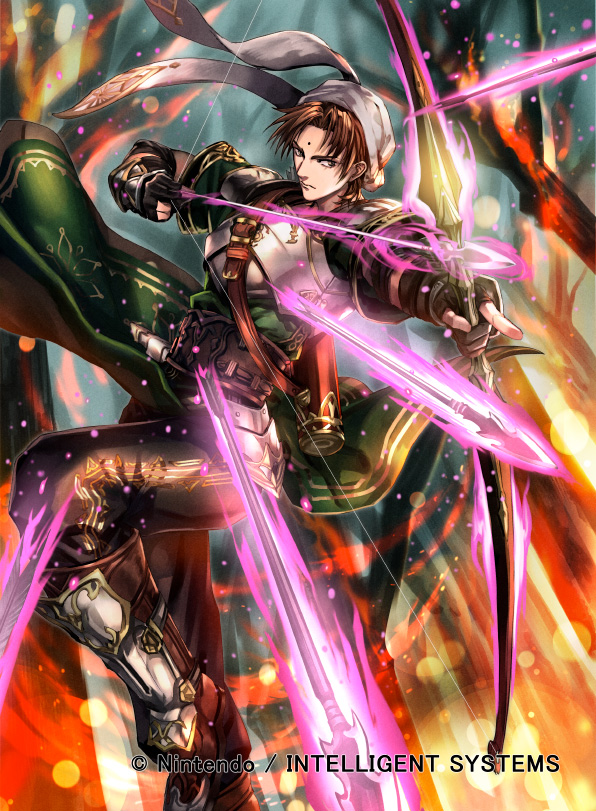 1boy armor arrow_(projectile) bandana belt boots bow_(weapon) brown_eyes brown_hair facial_mark fingerless_gloves fire fire_emblem fire_emblem:_three_houses fire_emblem_cipher forehead_mark gloves jamke_(fire_emblem) kuroba.k male_focus nintendo official_art quiver solo tree weapon