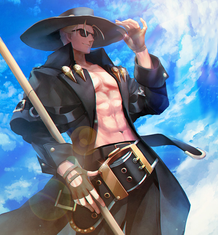 1boy abs belt binsuke black_coat black_pants blonde_hair coat cowboy_hat fingerless_gloves gloves guilty_gear guilty_gear_xrd hat hat_tip holding jacket johnny_(guilty_gear) long_hair looking_at_viewer male_focus open_clothes pants sheath sheathed smile solo sunglasses sword weapon