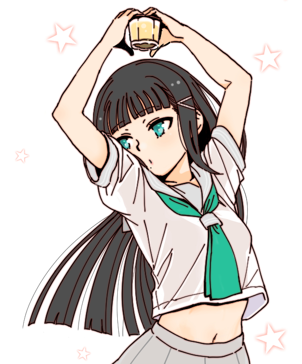 1girl aqua_eyes aqua_neckerchief arms_up black_hair blunt_bangs blunt_ends breasts commentary_request food grey_sailor_collar grey_skirt holding holding_food kurosawa_dia long_hair love_live! love_live!_sunshine!! medium_breasts midriff mole mole_under_mouth navel neckerchief pleated_skirt pudding sailor_collar school_uniform serafuku shinanoya_(satanicad) shirt short_sleeves sidelocks simple_background skirt sleeveless sleeveless_shirt solo star_(symbol) summer_uniform uranohoshi_school_uniform white_background white_shirt