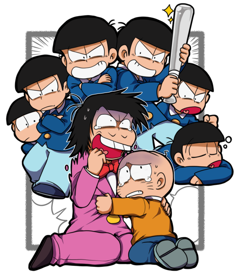 angry baseball_bat blue_shirt bow bowtie brothers buttons chibita child clenched_hand crossed_arms evil_grin evil_smile grin heart heart_in_mouth holding holding_baseball_bat hug iyami male_focus matsuno_choromatsu matsuno_ichimatsu matsuno_jyushimatsu matsuno_karamatsu matsuno_osomatsu matsuno_todomatsu orange_shirt osomatsu-kun osomatsu_(series) red_bow red_bowtie sextuplets shirt siblings sleeping smile squeans tearing_up tsubuta_hiro turn_pale