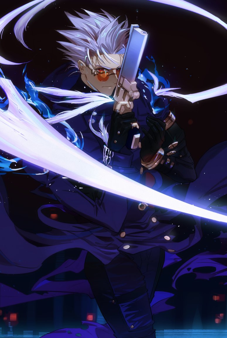 1boy agl_arms_.45_long_colt alternate_color alternate_eye_color alternate_hair_color asymmetrical_gloves asymmetrical_sleeves black_pants blue_coat blue_fire blurry blurry_background break-action_revolver buttons closed_mouth coat commentary cowboy_shot double-breasted english_commentary feathers finger_on_trigger fire floating_clothes glasses gloves glowing grey_hair gun handgun hands_up holding holding_gun holding_weapon light_particles low_bore_axis_revolver male_focus orange-tinted_eyewear pants partially_fingerless_gloves red_eyes revolver round_eyewear rozaroza short_hair short_sleeves solo spiked_hair tinted_eyewear trigun trigun_maximum vash_the_stampede w_arms weapon