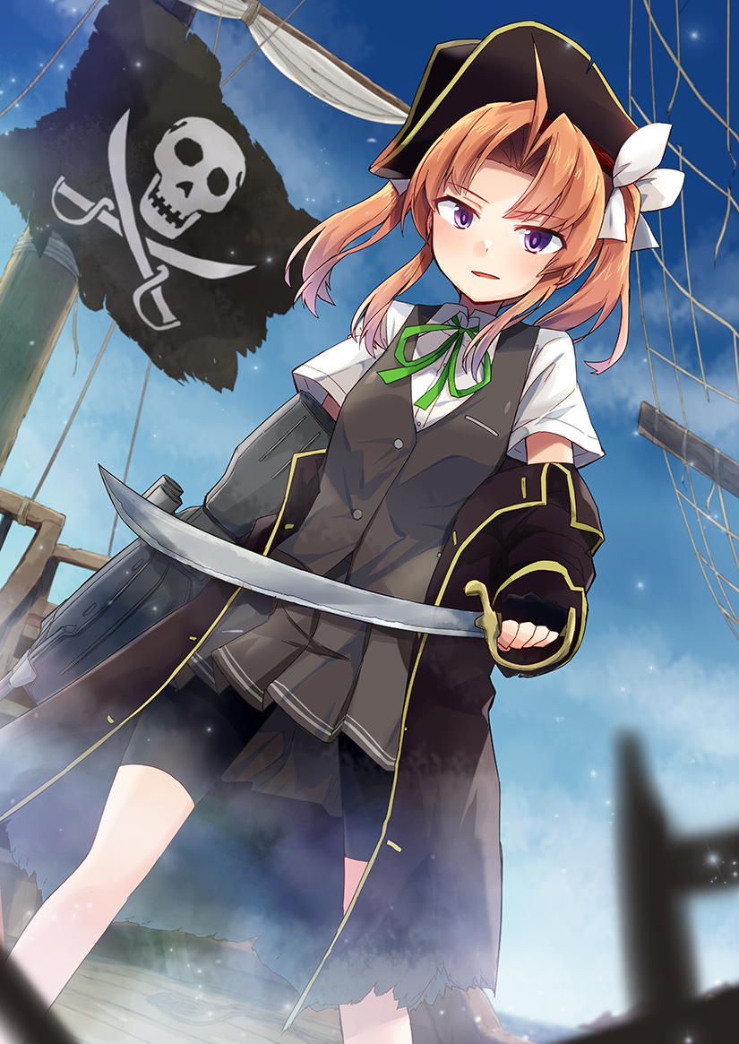 1girl adapted_costume bike_shorts black_gloves black_shorts blue_sky blurry brown_hair cloud collared_shirt commentary_request depth_of_field dress_shirt evening feet_out_of_frame fingerless_gloves flag gloves grey_skirt grey_vest hair_ribbon hat jolly_roger kagerou_(kancolle) kagerou_kai_ni_(kancolle) kakizaki_(chou_neji) kantai_collection pirate pirate_hat pleated_skirt purple_eyes ribbon shirt shorts shorts_under_skirt skirt skull_and_crossed_swords sky solo sword twintails vest weapon white_ribbon white_shirt