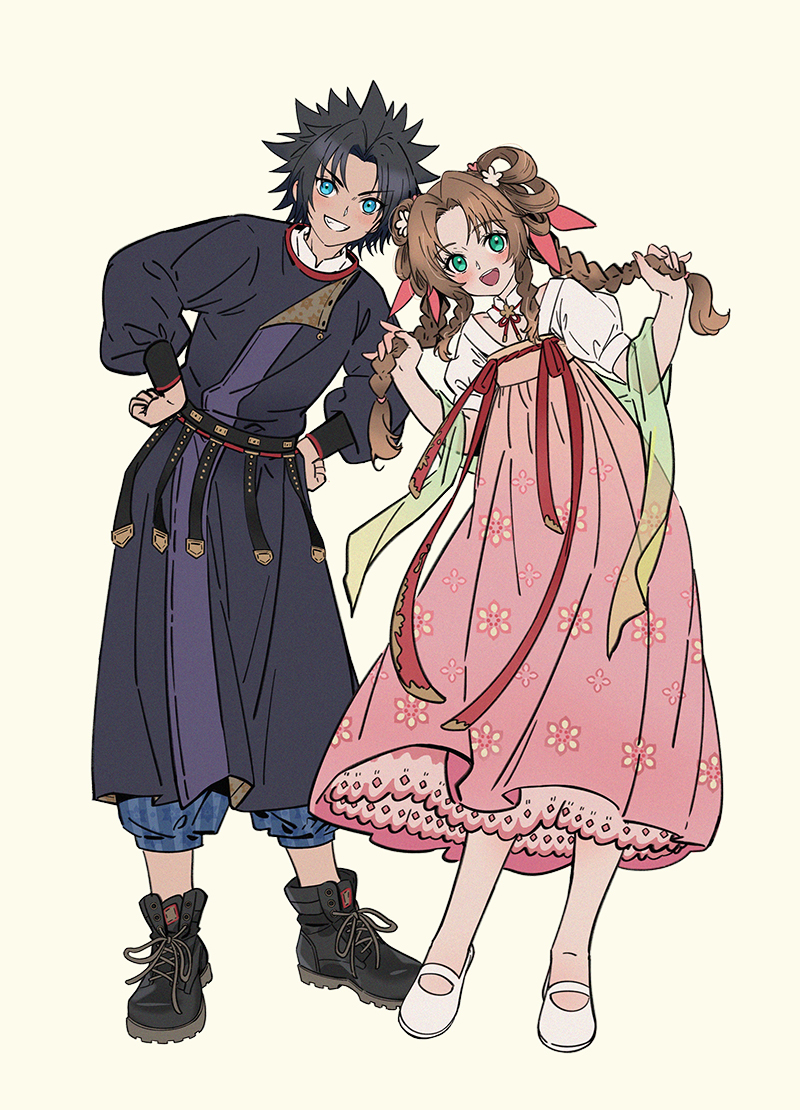 1boy 1girl aerith_gainsborough black_footwear black_hair blue_eyes blush braid brown_hair china_dress chinese_clothes commentary_request dress final_fantasy final_fantasy_vii final_fantasy_vii_ever_crisis final_fantasy_vii_rebirth final_fantasy_vii_remake floral_print full_body green_eyes grin hair_ribbon hair_rings hands_on_own_hips hanfu holding holding_own_hair huosheanng juliet_sleeves leaning_to_the_side long_hair long_sleeves looking_at_viewer open_mouth parted_bangs pink_dress pink_ribbon print_dress puffy_short_sleeves puffy_sleeves qixiong_ruqun ribbon short_sleeves simple_background smile spiked_hair twin_braids white_background zack_fair